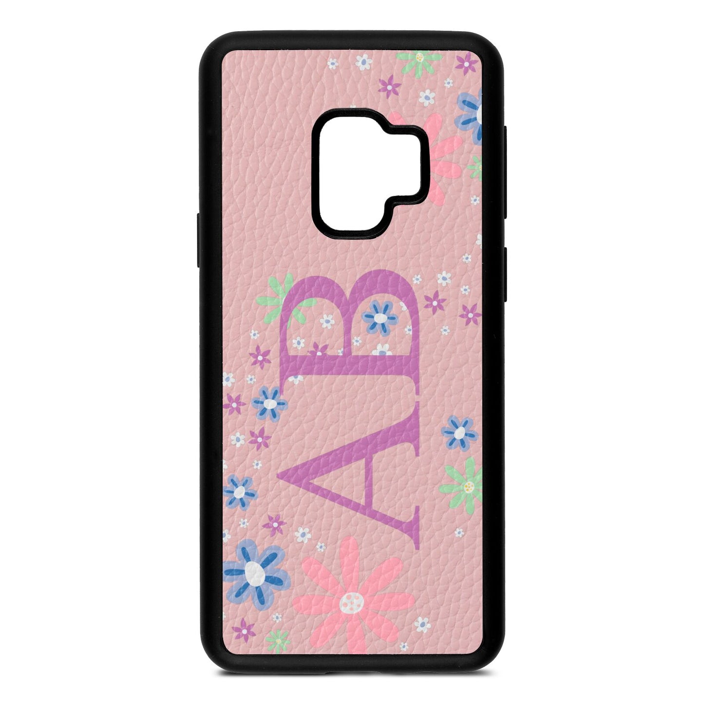 Personalised Floral Initials Pink Pebble Leather Samsung S9 Case