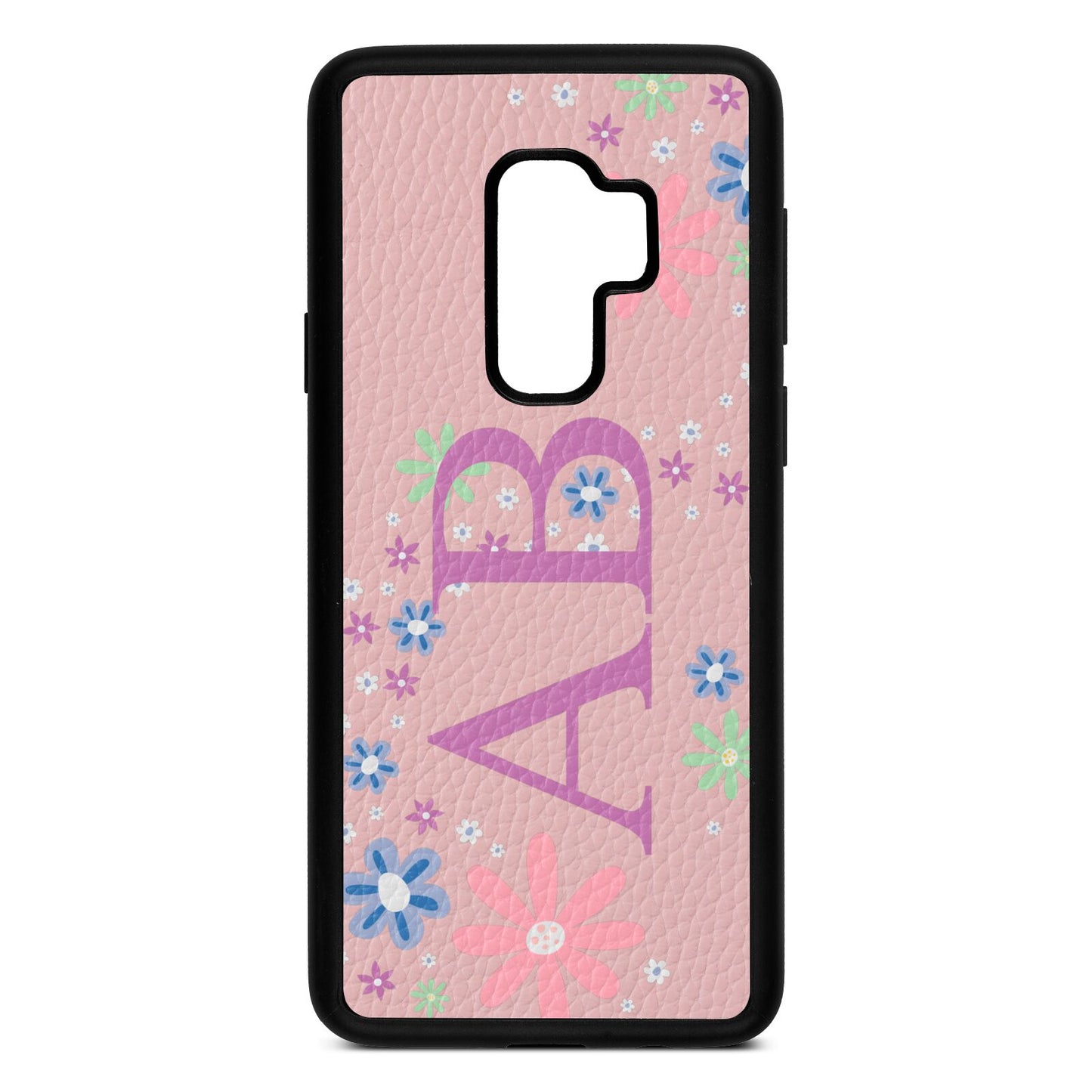 Personalised Floral Initials Pink Pebble Leather Samsung S9 Plus Case