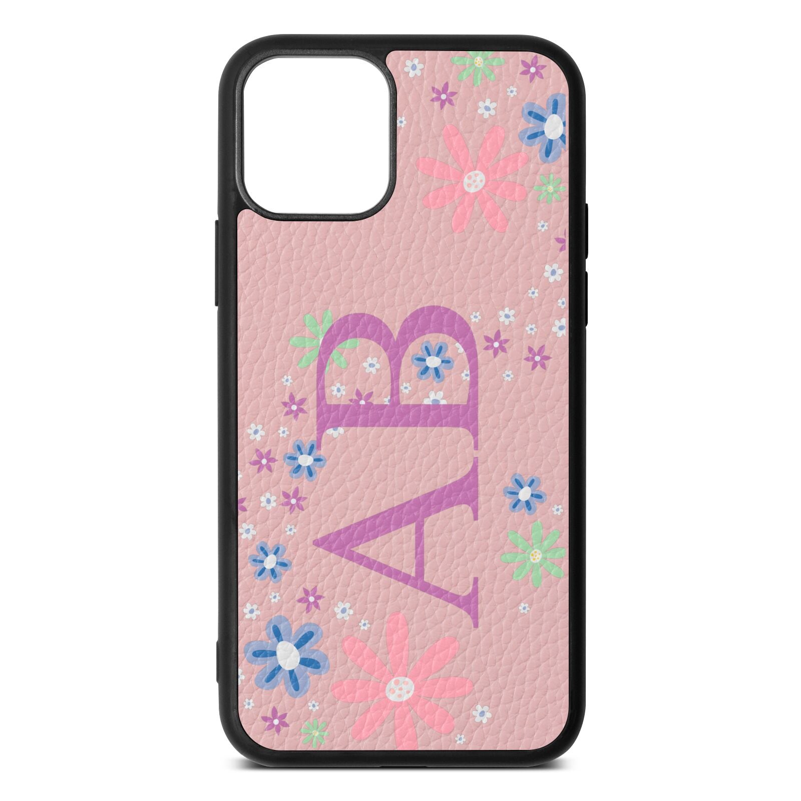 Personalised Floral Initials Pink Pebble Leather iPhone 11 Case