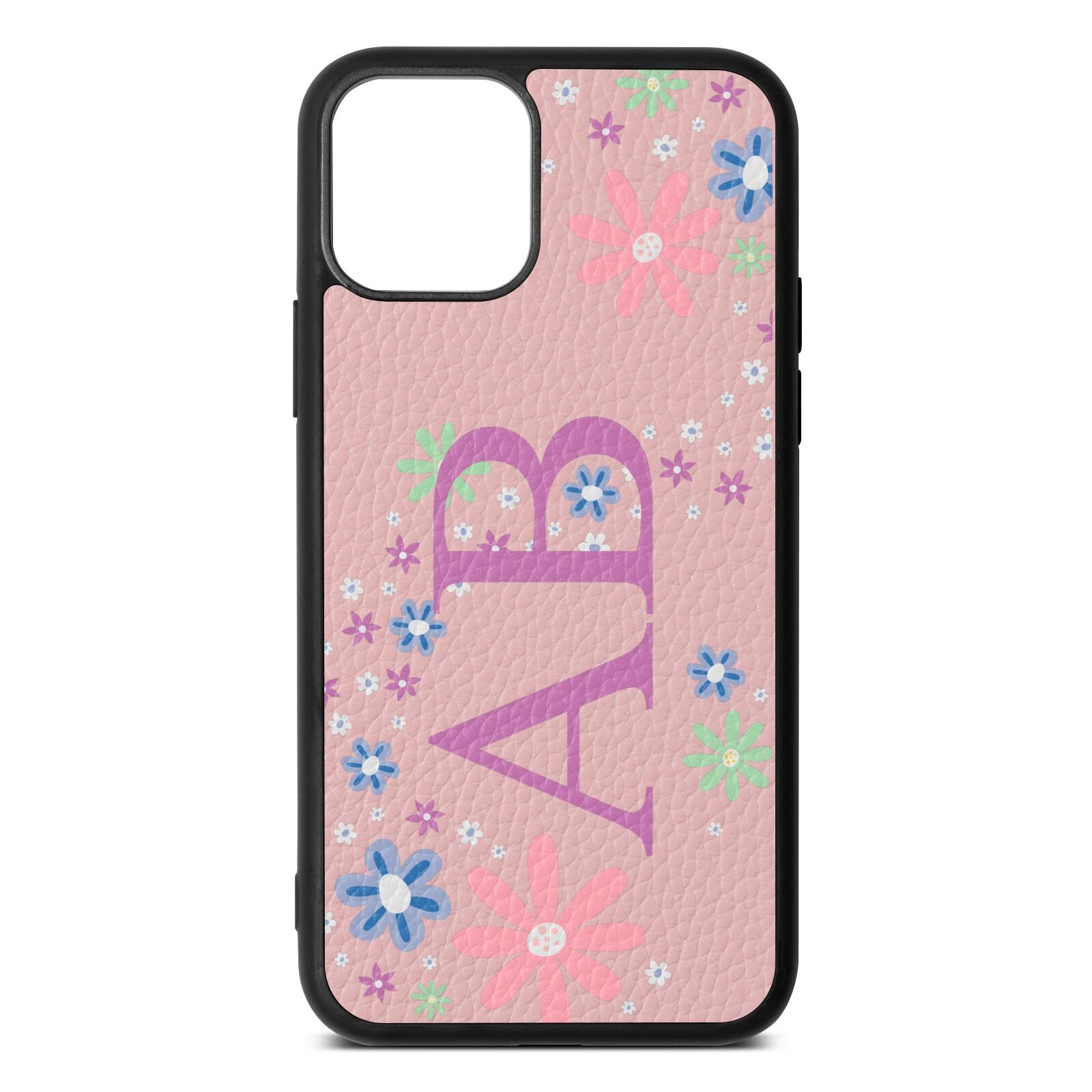 Personalised Floral Initials Pink Pebble Leather iPhone 11 Pro Case