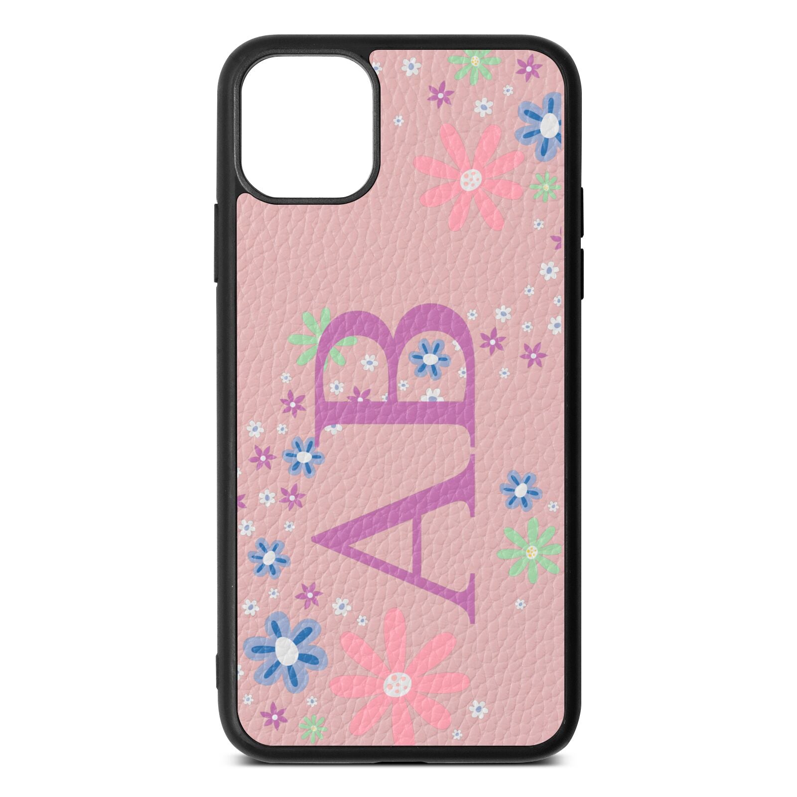 Personalised Floral Initials Pink Pebble Leather iPhone 11 Pro Max Case