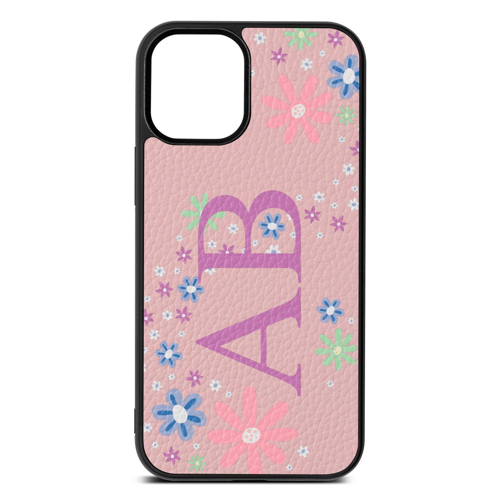 Personalised Floral Initials Pink Pebble Leather iPhone 12 Mini Case