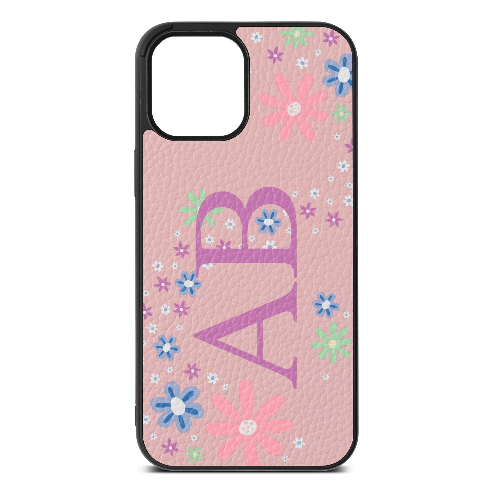 Personalised Floral Initials Pink Pebble Leather iPhone 12 Pro Max Case