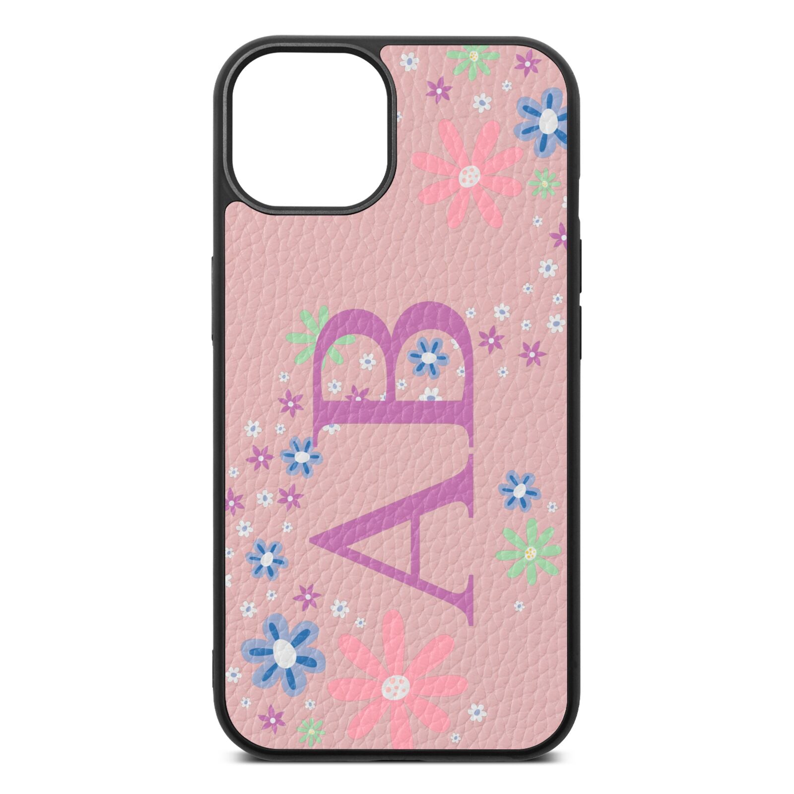 Personalised Floral Initials Pink Pebble Leather iPhone 13 Case