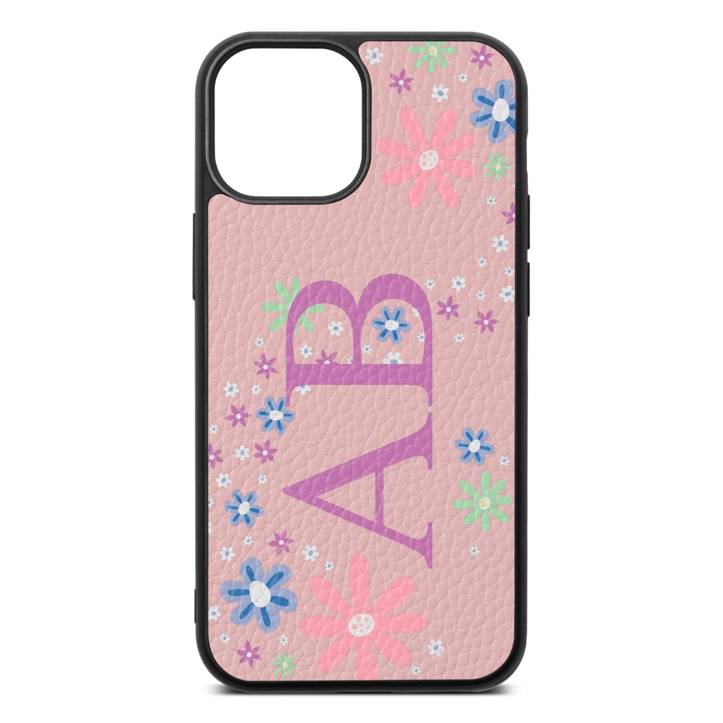 Personalised Floral Initials Pink Pebble Leather iPhone 13 Mini Case