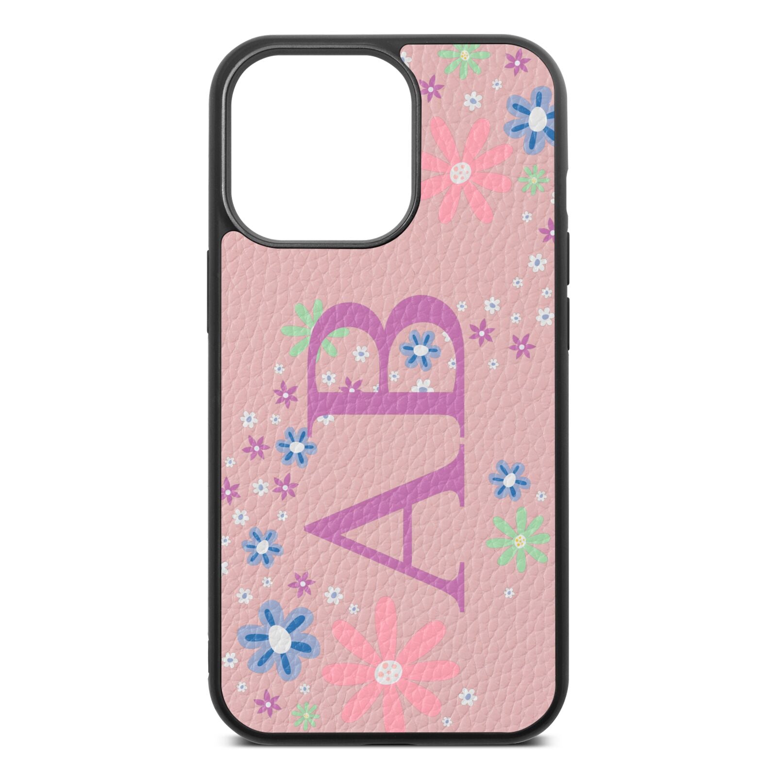 Personalised Floral Initials Pink Pebble Leather iPhone 13 Pro Case