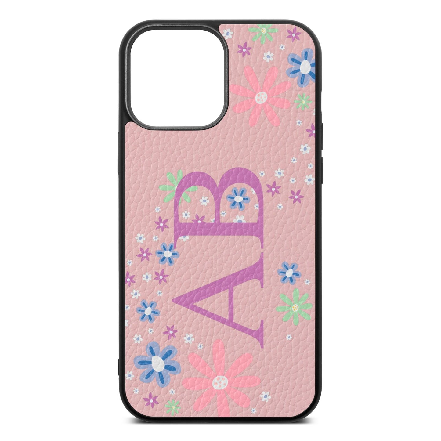 Personalised Floral Initials Pink Pebble Leather iPhone 13 Pro Max Case