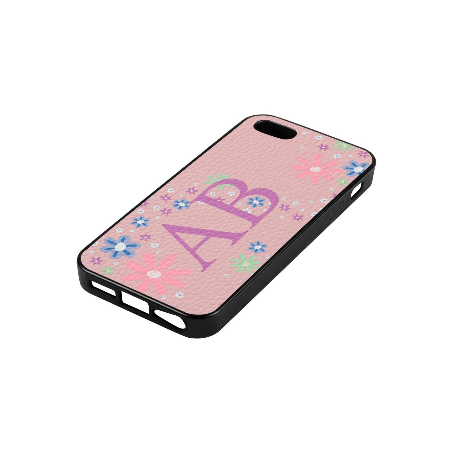 Personalised Floral Initials Pink Pebble Leather iPhone 5 Case Side Angle