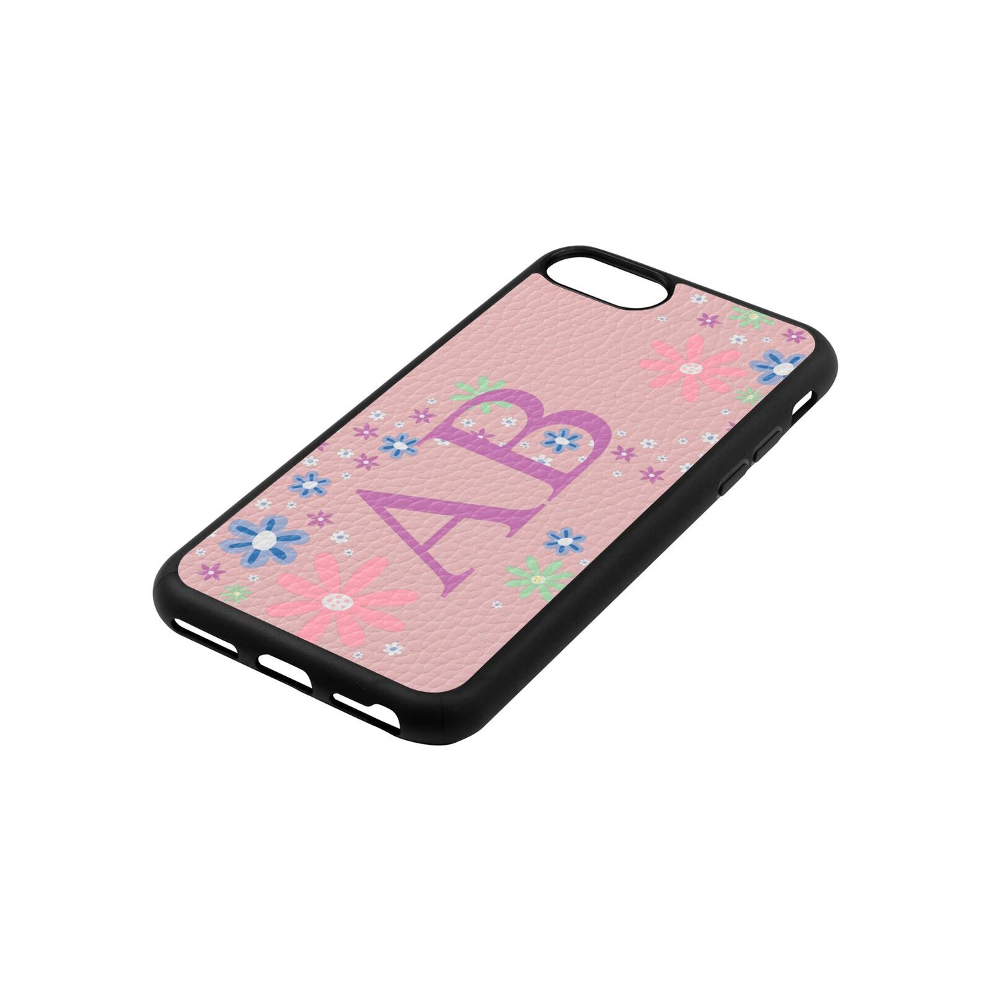 Personalised Floral Initials Pink Pebble Leather iPhone 8 Case Side Angle