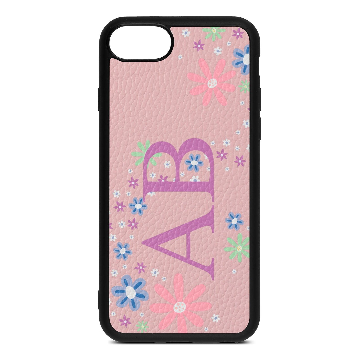 Personalised Floral Initials Pink Pebble Leather iPhone 8 Case