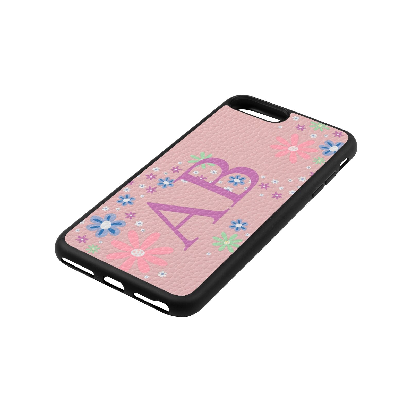 Personalised Floral Initials Pink Pebble Leather iPhone 8 Plus Case Side Angle