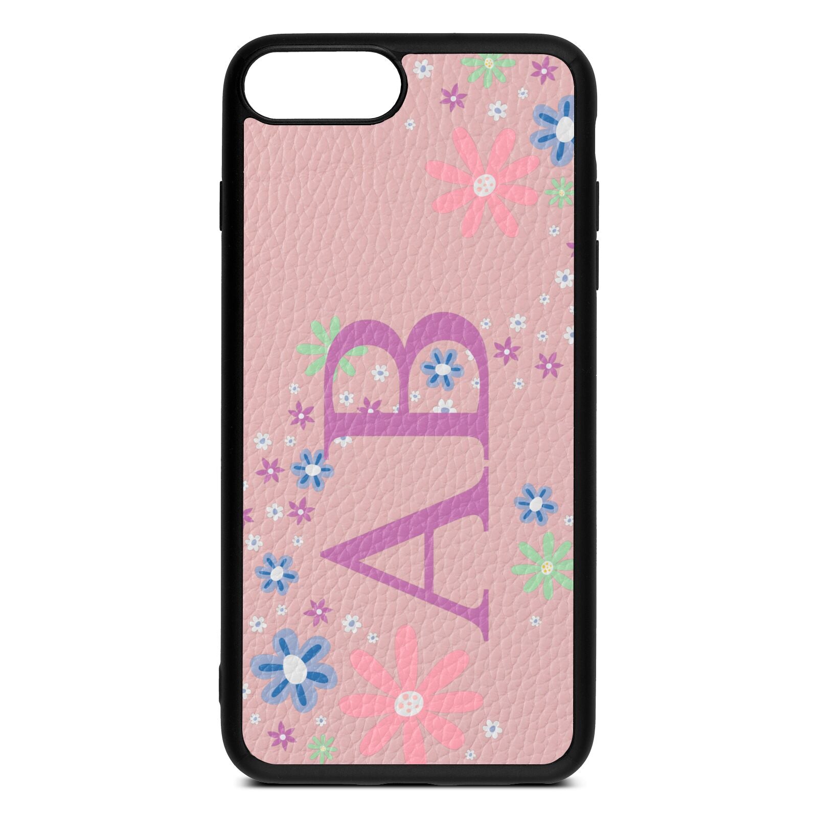 Personalised Floral Initials Pink Pebble Leather iPhone 8 Plus Case