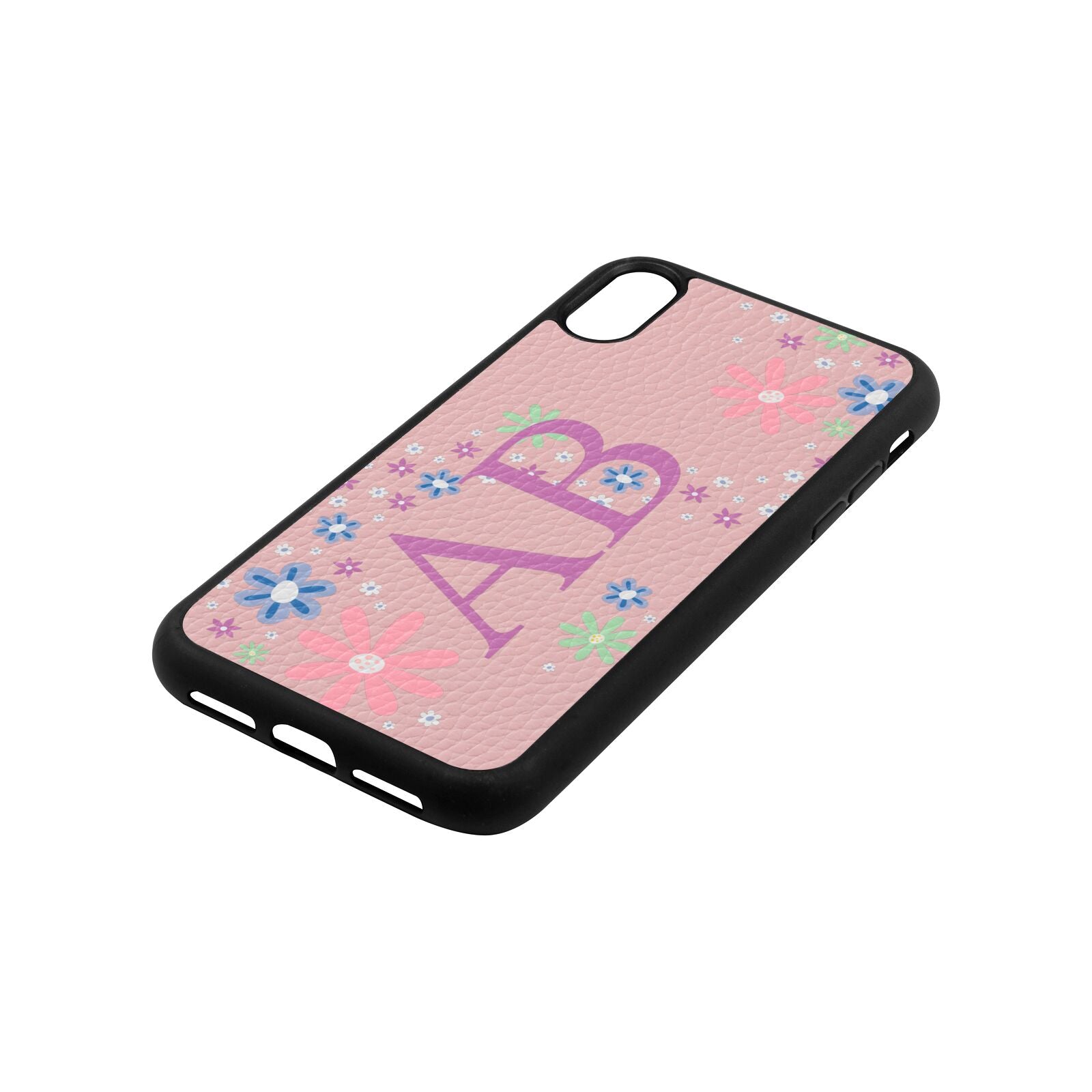 Personalised Floral Initials Pink Pebble Leather iPhone Xr Case Side Angle