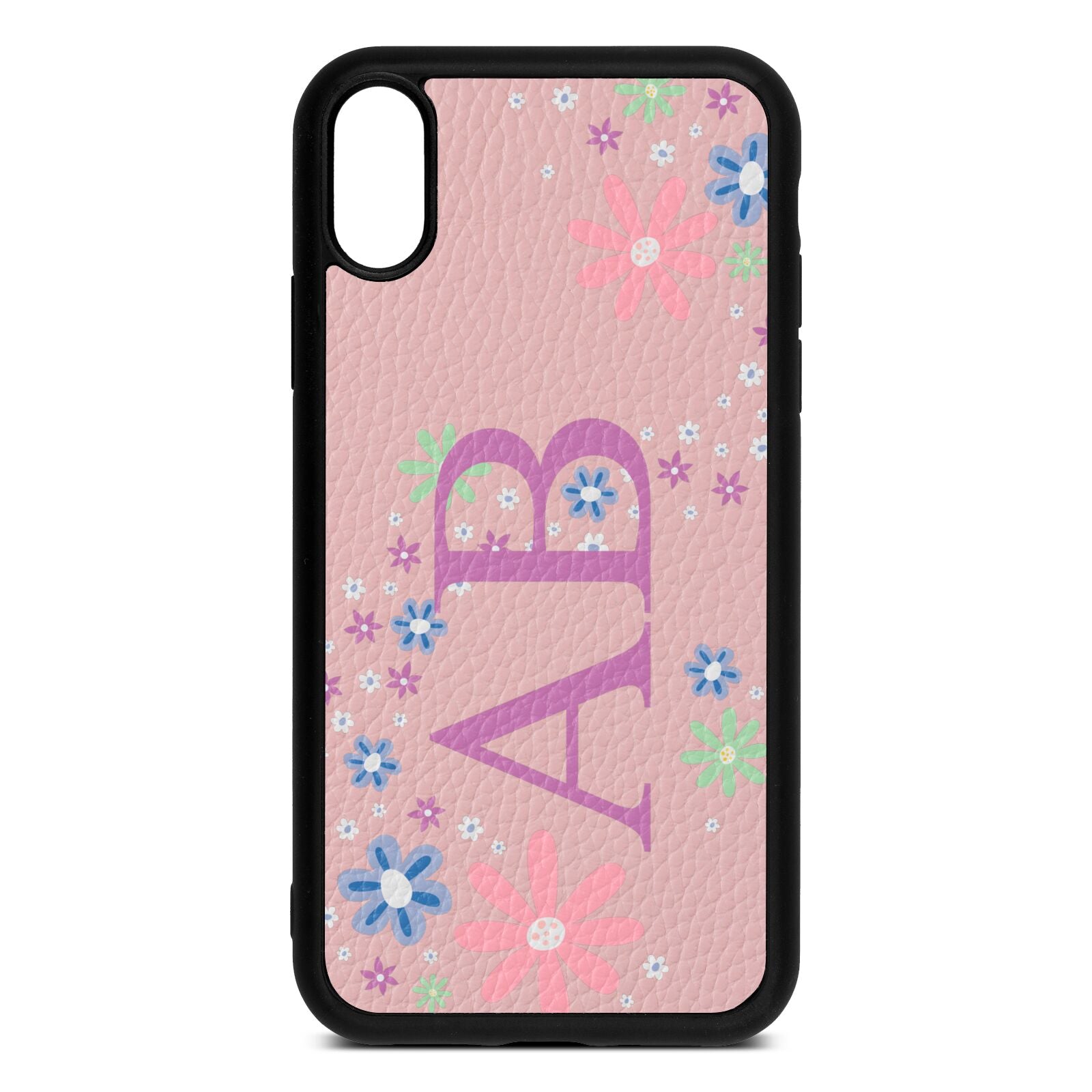 Personalised Floral Initials Pink Pebble Leather iPhone Xr Case