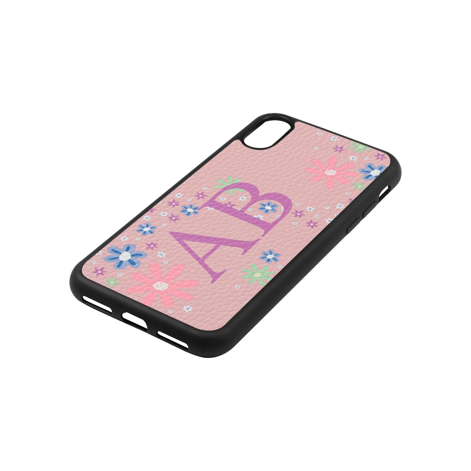 Personalised Floral Initials Pink Pebble Leather iPhone Xs Case Side Angle