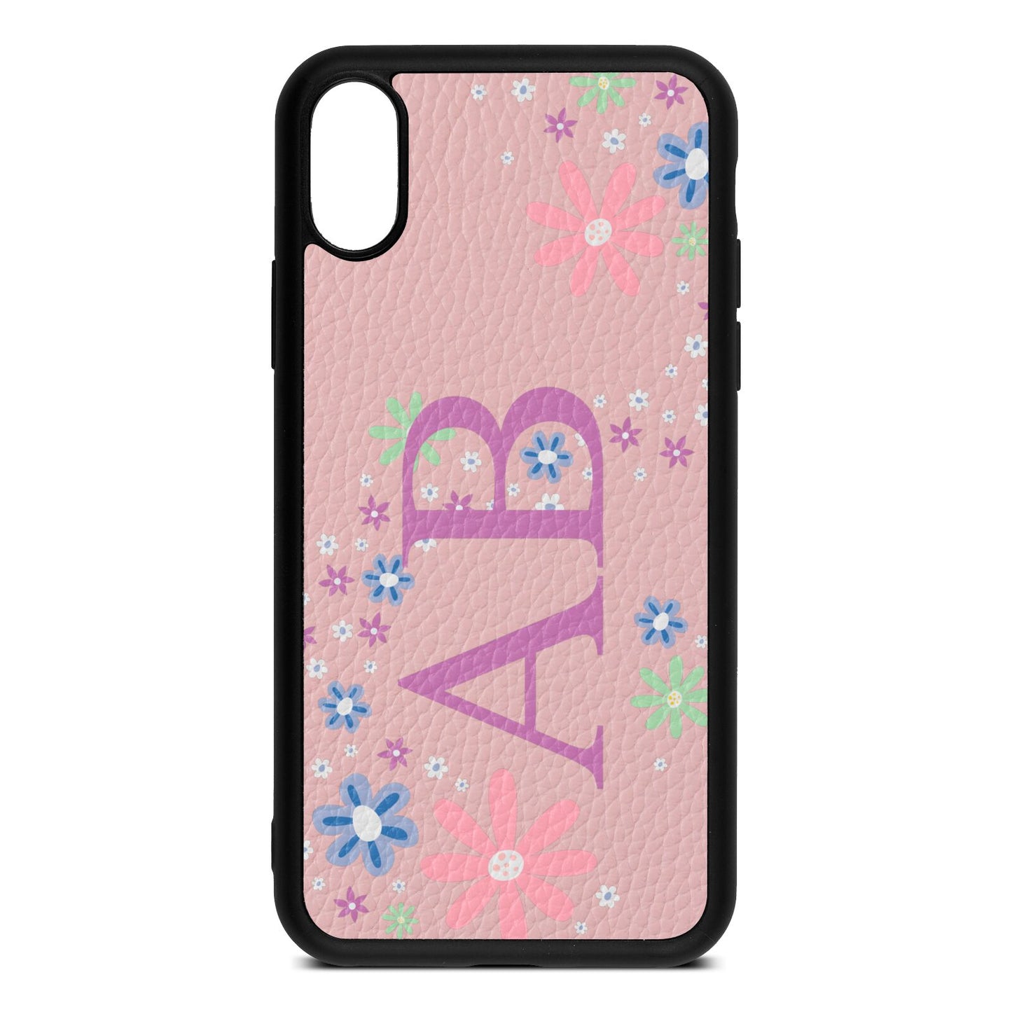 Personalised Floral Initials Pink Pebble Leather iPhone Xs Case