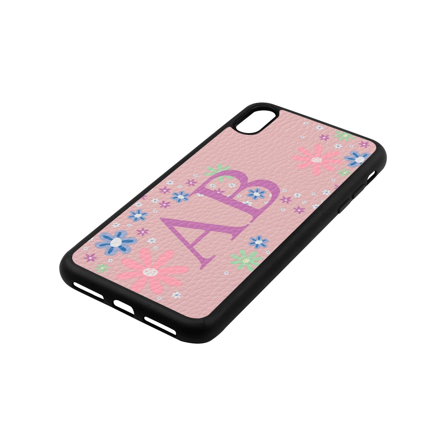 Personalised Floral Initials Pink Pebble Leather iPhone Xs Max Case Side Angle