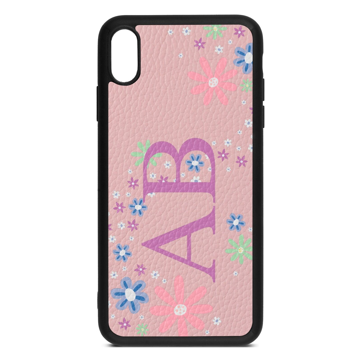 Personalised Floral Initials Pink Pebble Leather iPhone Xs Max Case