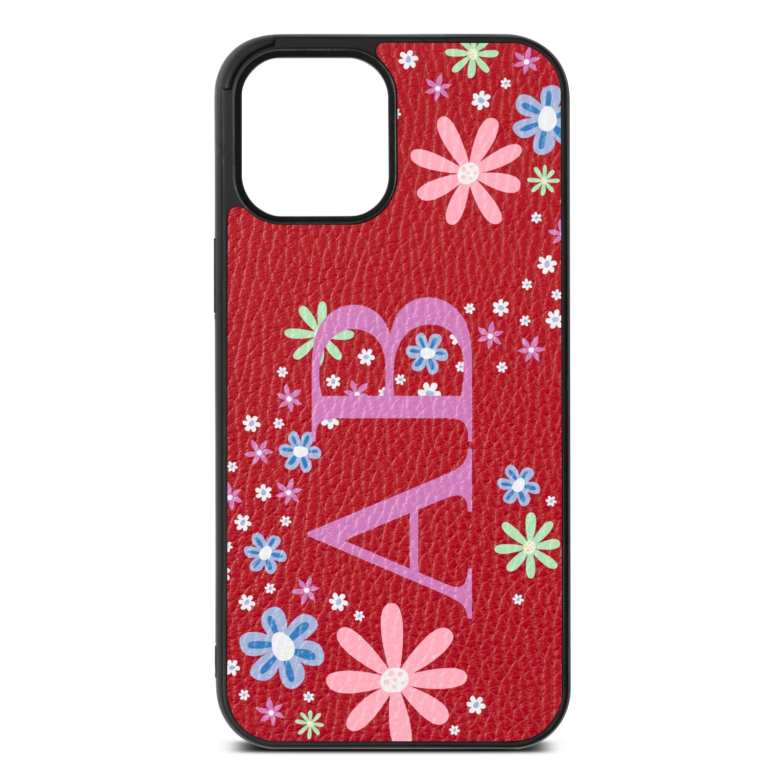 Personalised Floral Initials Red Pebble Leather iPhone 12 Pro Max Case