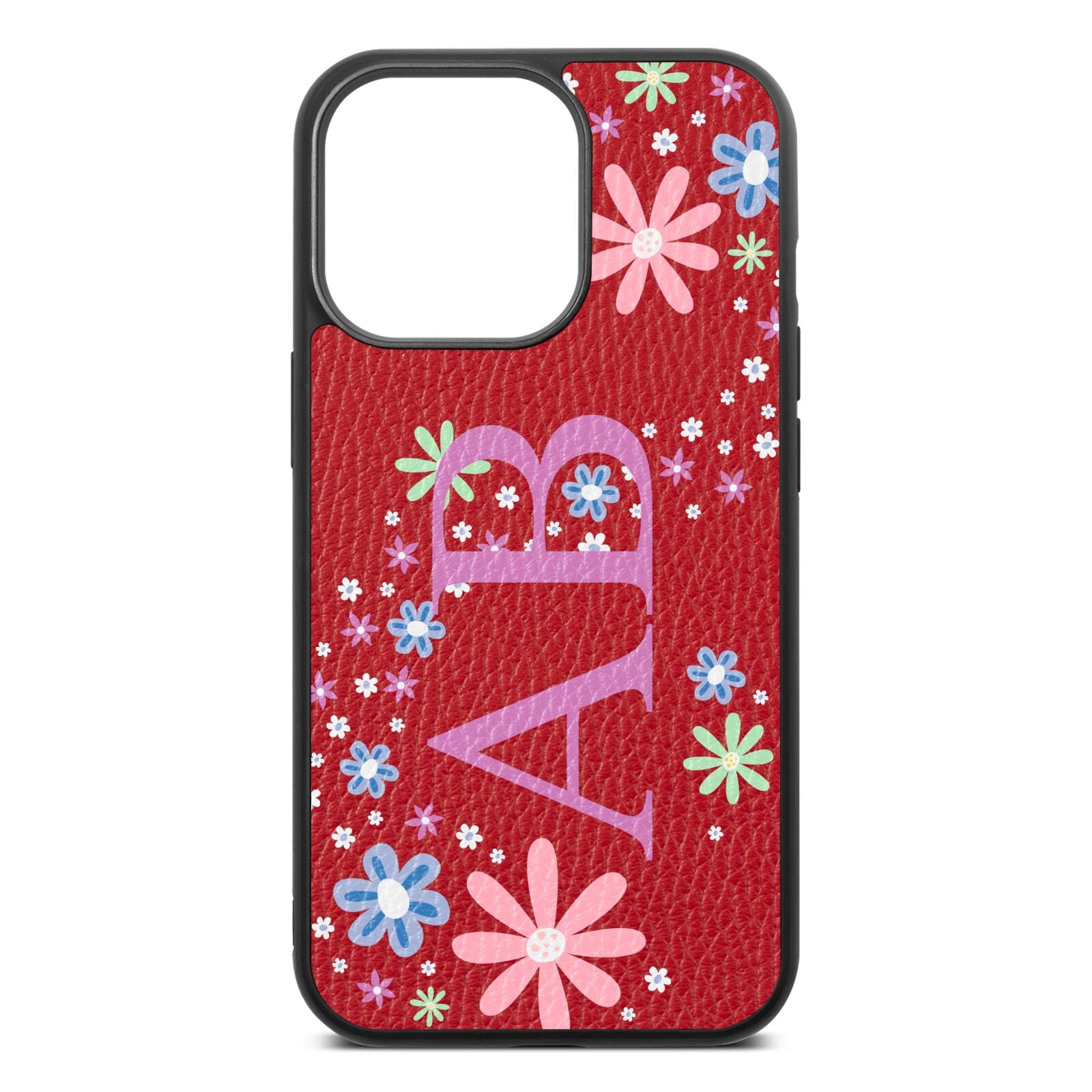 Personalised Floral Initials Red Pebble Leather iPhone 13 Pro Case