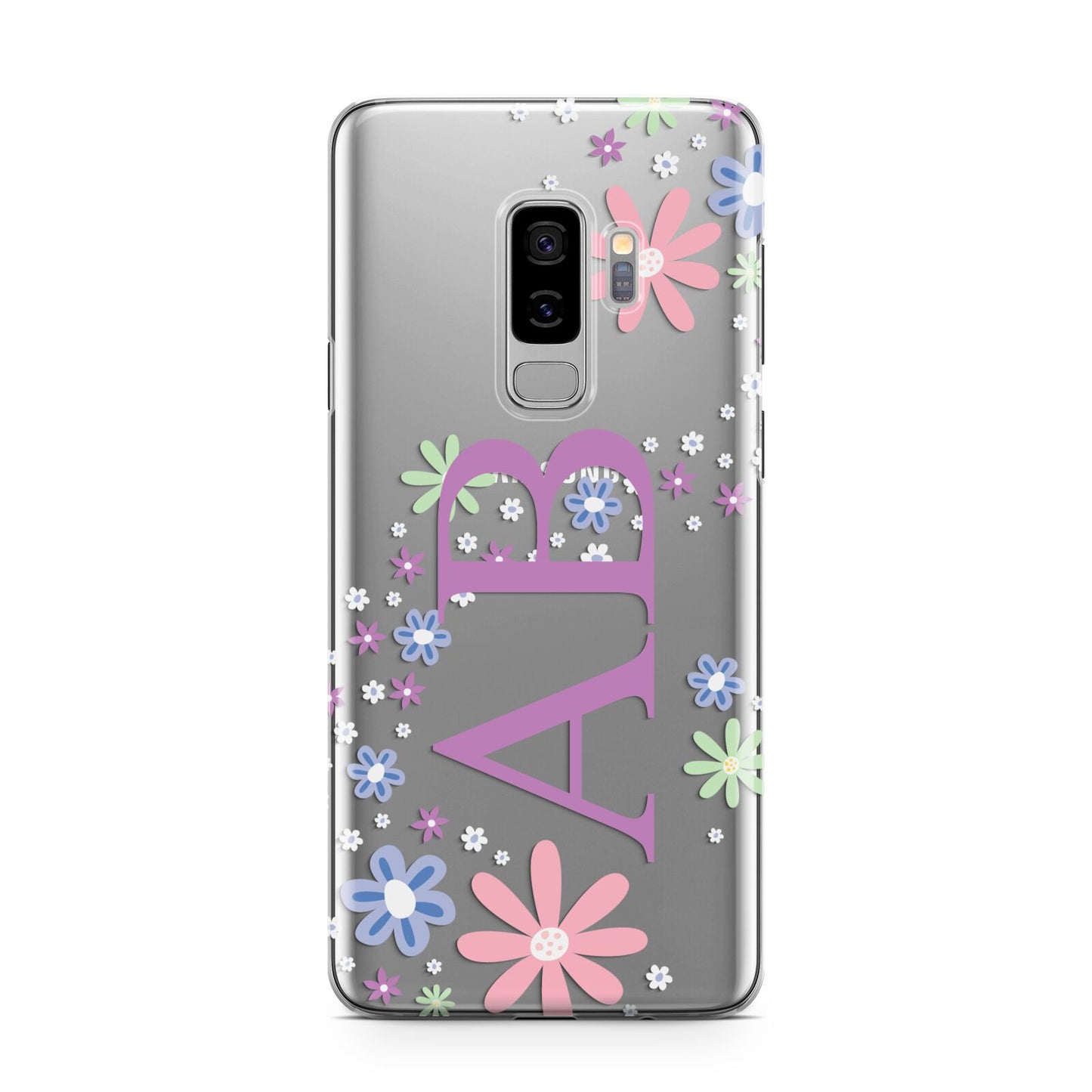 Personalised Floral Initials Samsung Galaxy S9 Plus Case on Silver phone