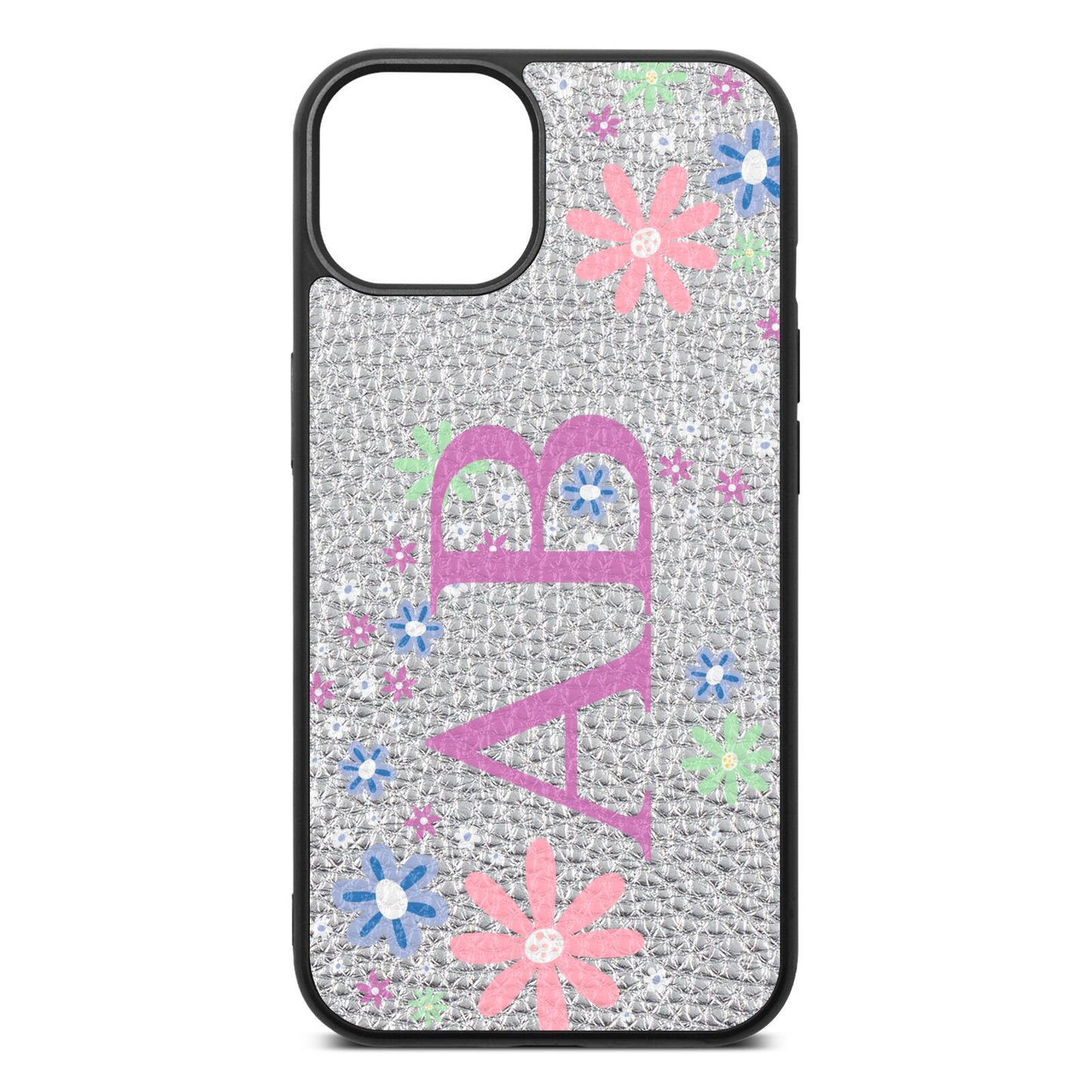 Personalised Floral Initials Silver Pebble Leather iPhone 13 Case