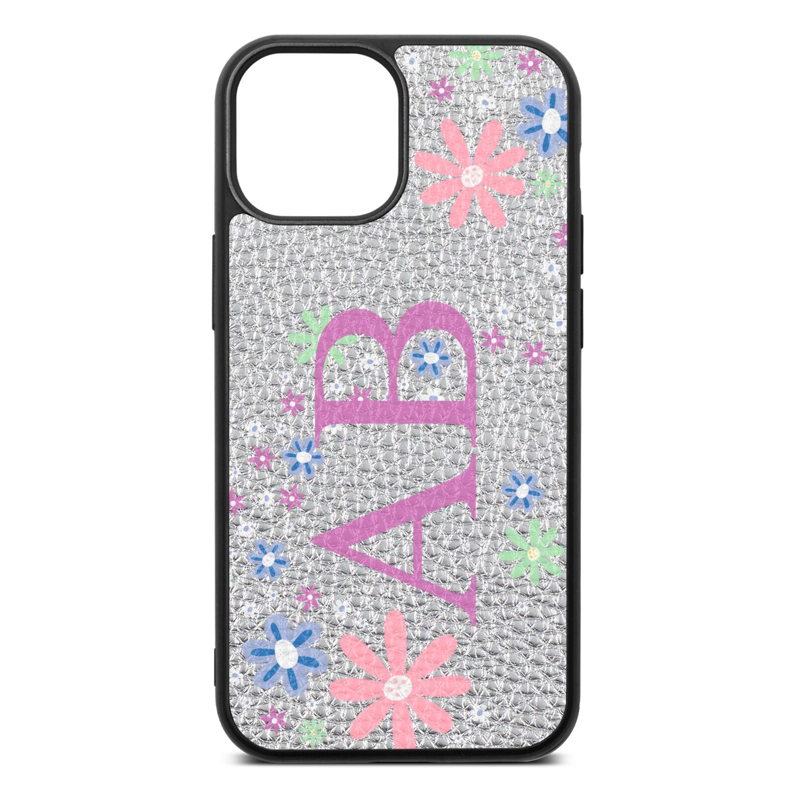 Personalised Floral Initials Silver Pebble Leather iPhone 13 Mini Case