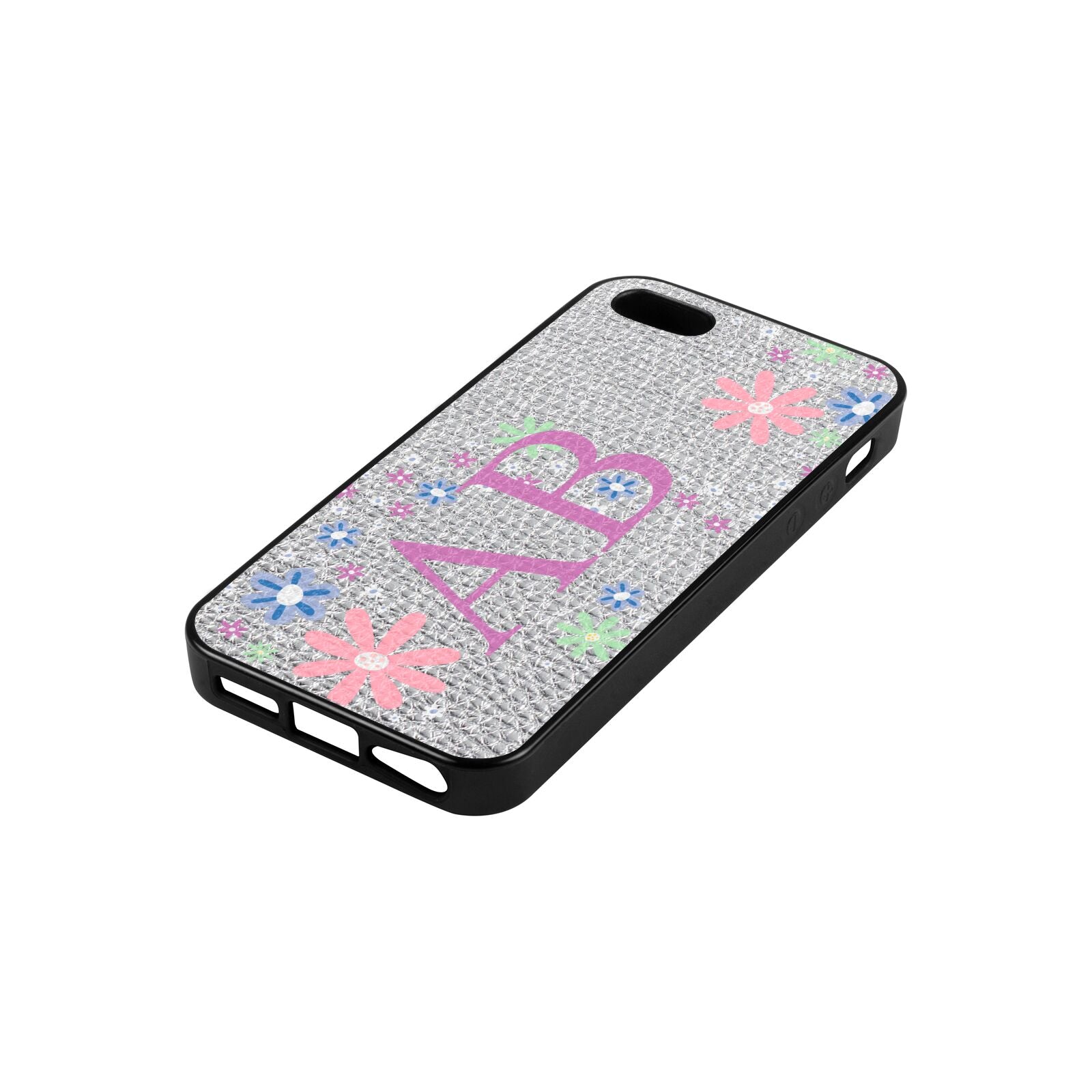 Personalised Floral Initials Silver Pebble Leather iPhone 5 Case Side Angle