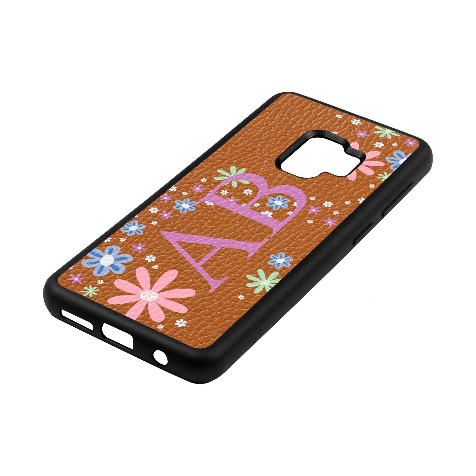 Personalised Floral Initials Tan Pebble Leather Samsung S9 Case Side Angle