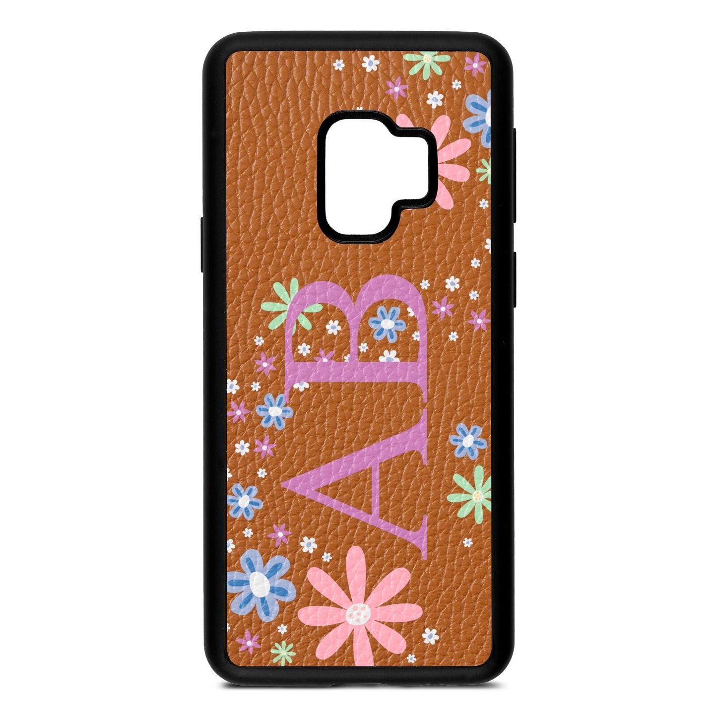 Personalised Floral Initials Tan Pebble Leather Samsung S9 Case