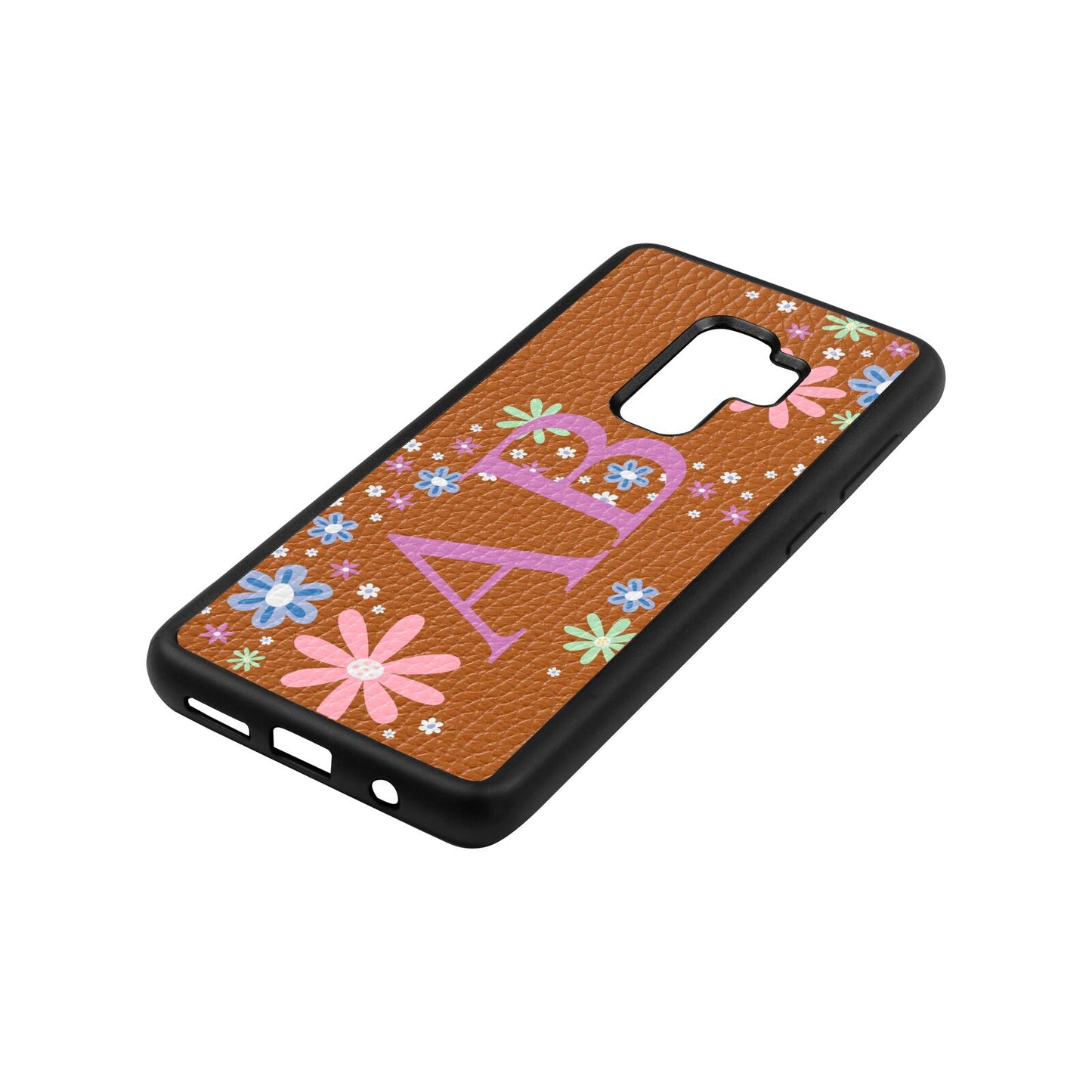 Personalised Floral Initials Tan Pebble Leather Samsung S9 Plus Case Side Angle