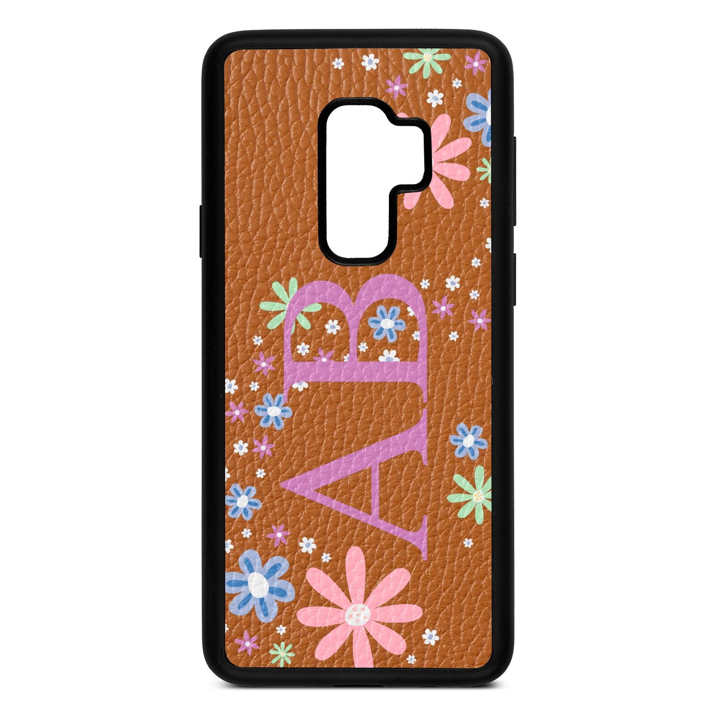 Personalised Floral Initials Tan Pebble Leather Samsung S9 Plus Case