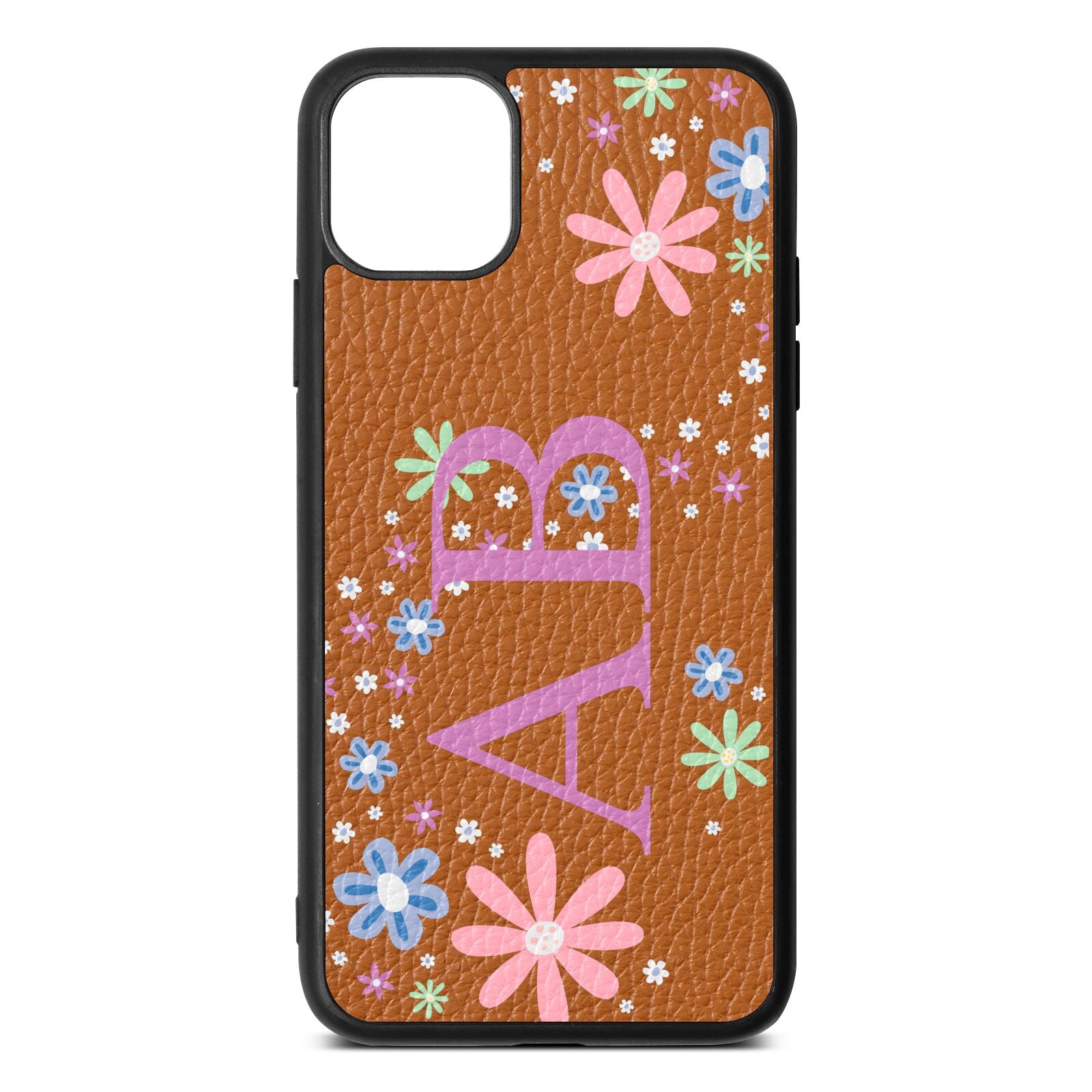 Personalised Floral Initials Tan Pebble Leather iPhone 11 Pro Max Case