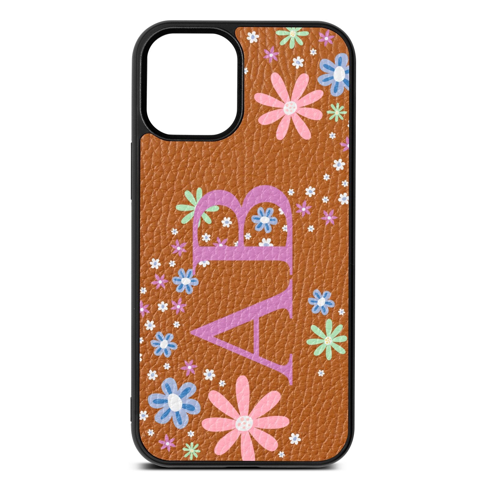 Personalised Floral Initials Tan Pebble Leather iPhone 12 Mini Case