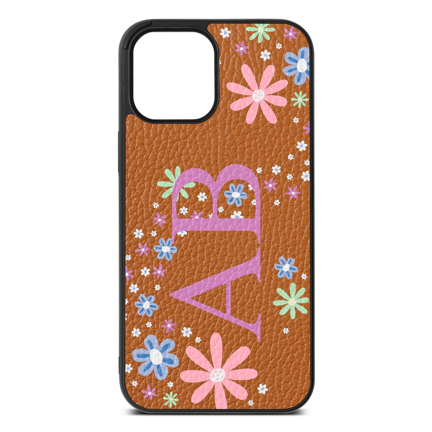 Personalised Floral Initials Tan Pebble Leather iPhone 12 Pro Max Case