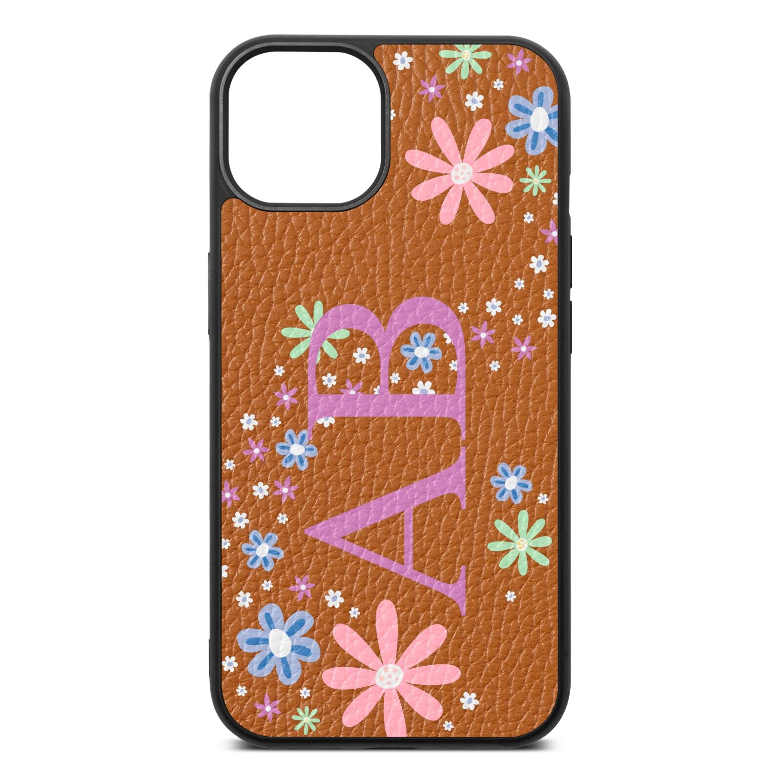 Personalised Floral Initials Tan Pebble Leather iPhone 13 Case