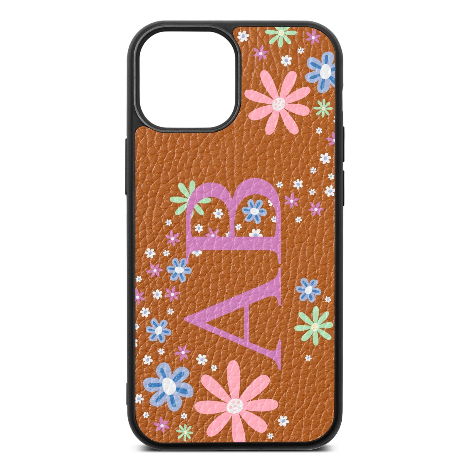 Personalised Floral Initials Tan Pebble Leather iPhone 13 Mini Case