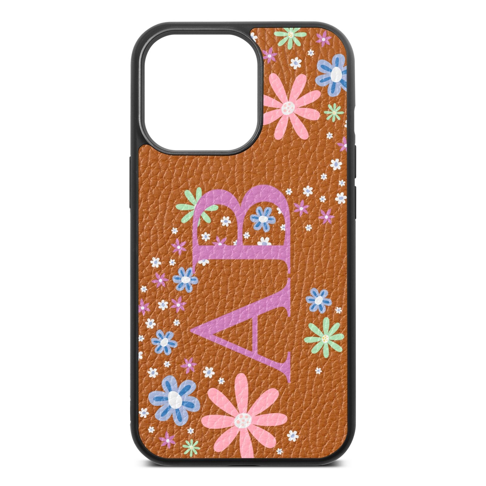 Personalised Floral Initials Tan Pebble Leather iPhone 13 Pro Case