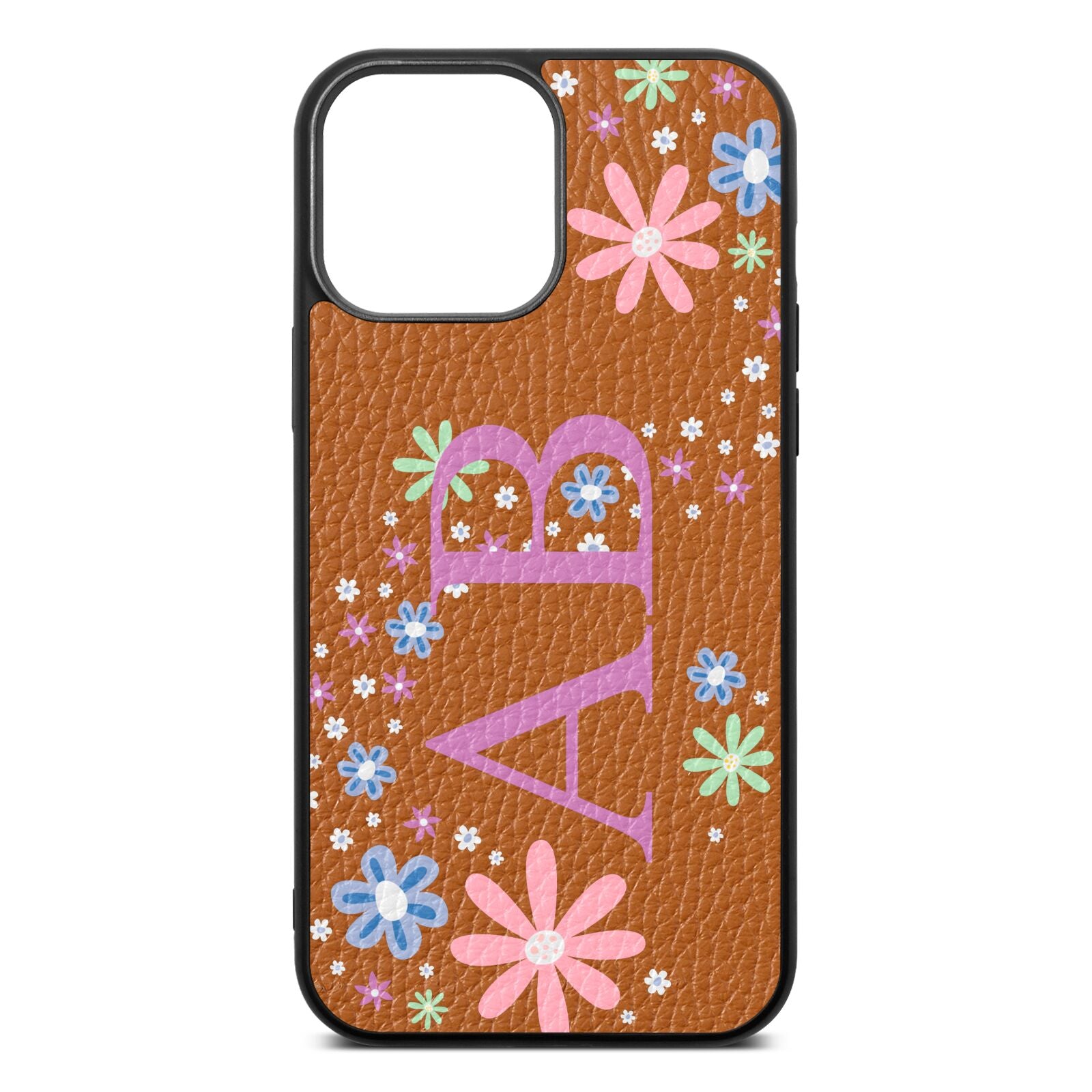 Personalised Floral Initials Tan Pebble Leather iPhone 13 Pro Max Case