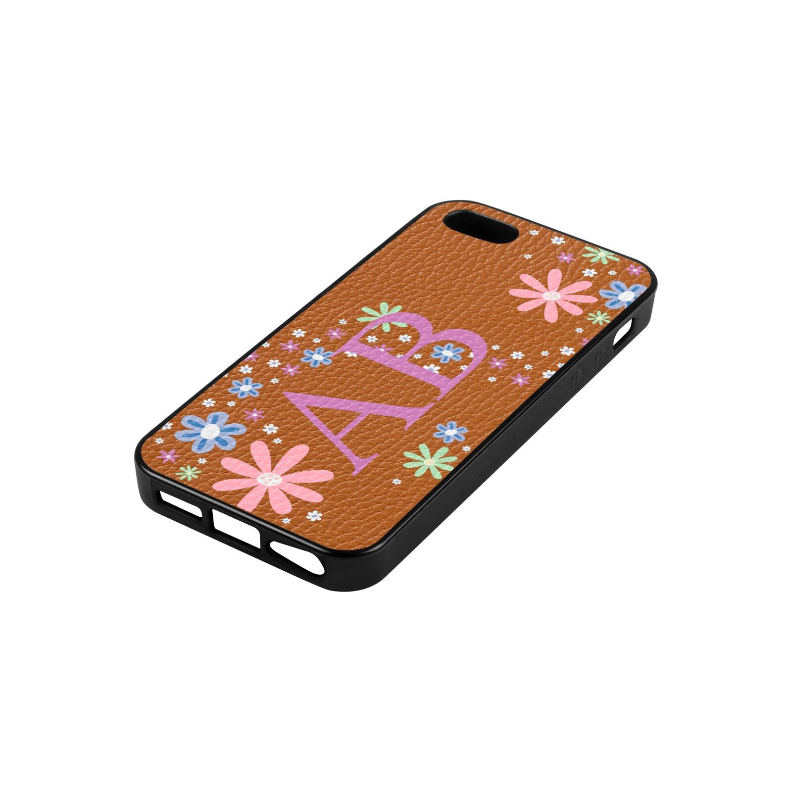 Personalised Floral Initials Tan Pebble Leather iPhone 5 Case Side Angle