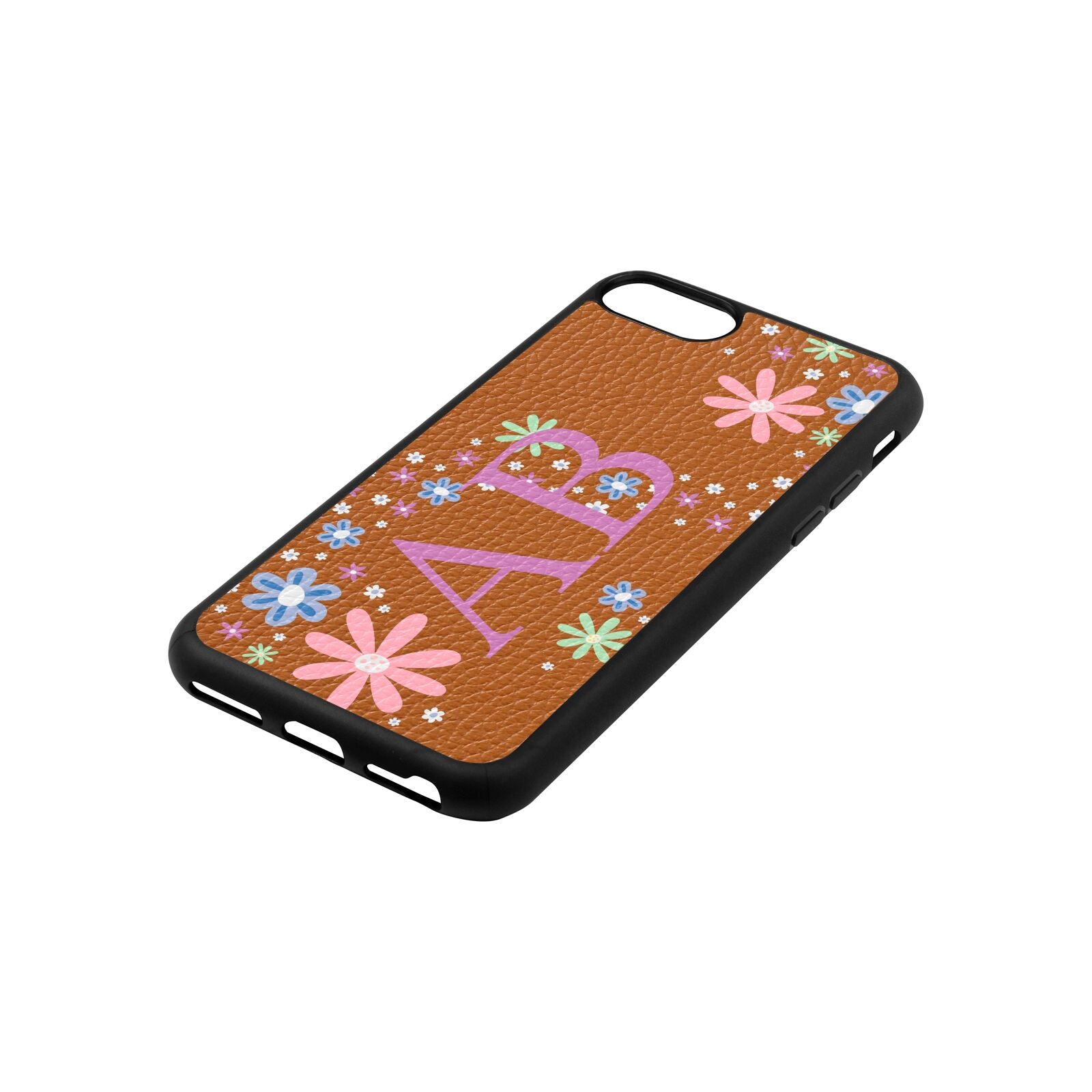 Personalised Floral Initials Tan Pebble Leather iPhone 8 Case Side Angle