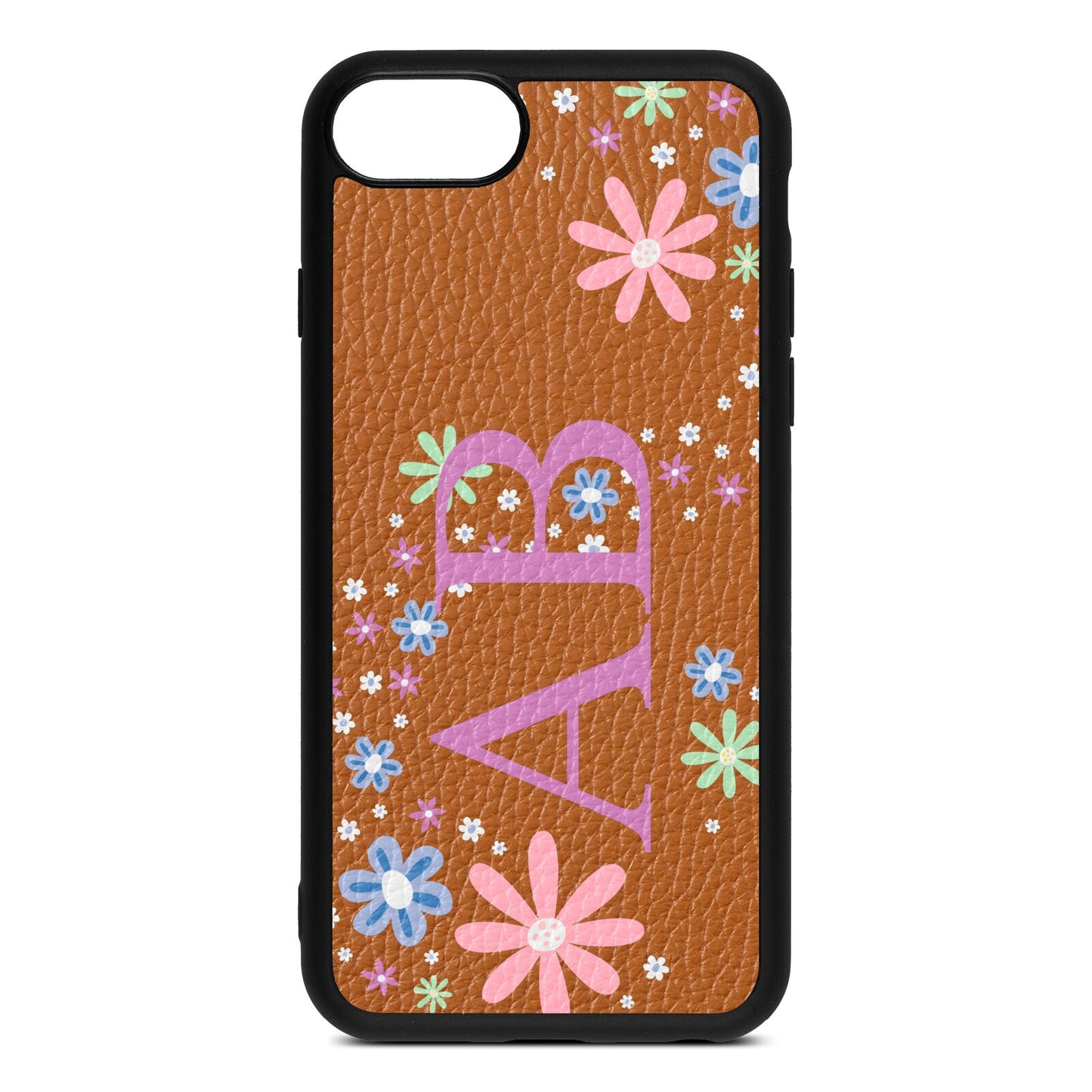 Personalised Floral Initials Tan Pebble Leather iPhone 8 Case