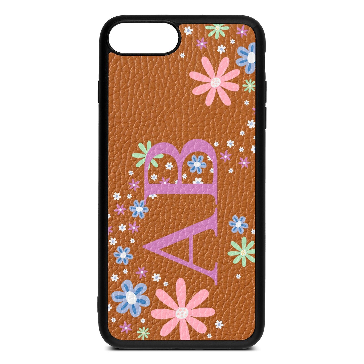 Personalised Floral Initials Tan Pebble Leather iPhone 8 Plus Case