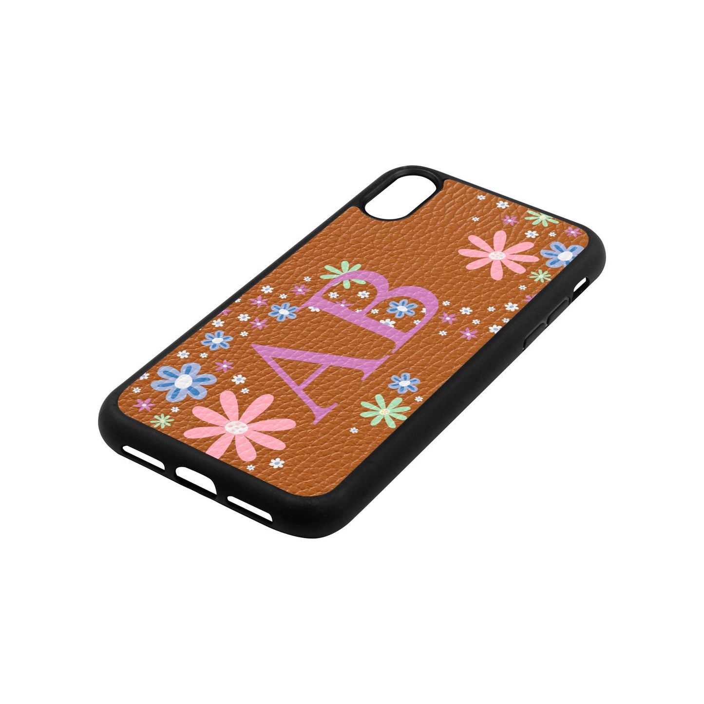 Personalised Floral Initials Tan Pebble Leather iPhone Xr Case Side Angle