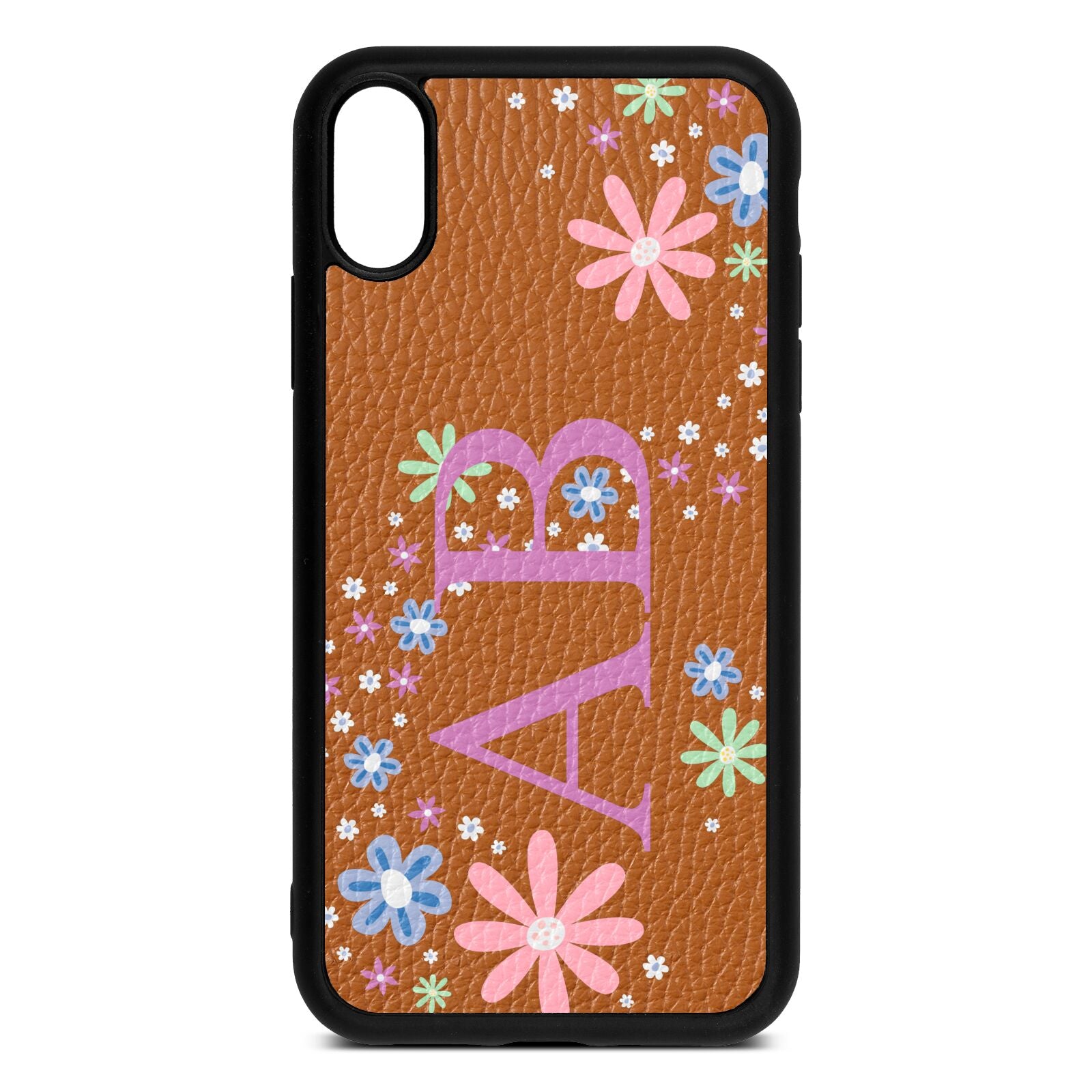 Personalised Floral Initials Tan Pebble Leather iPhone Xr Case