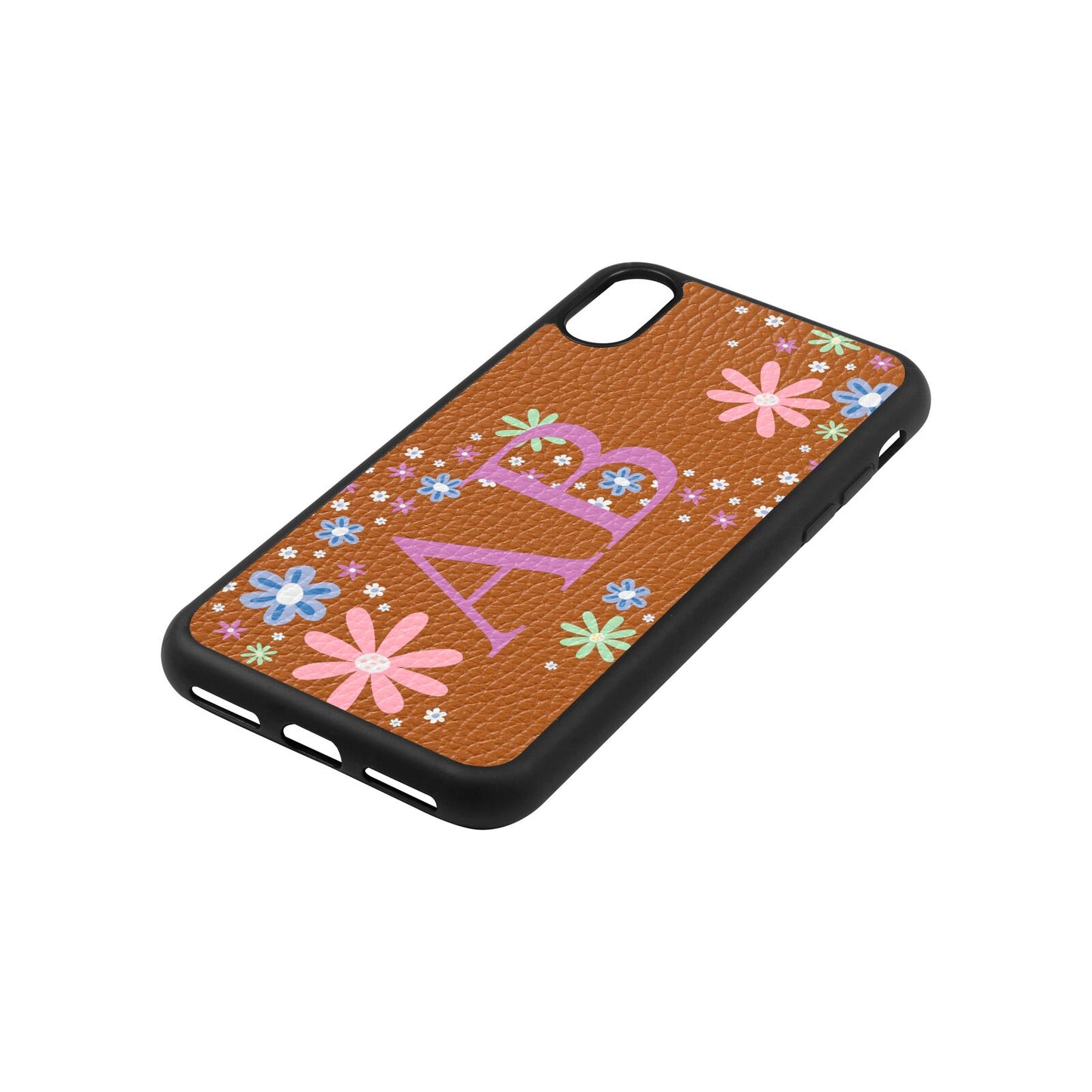 Personalised Floral Initials Tan Pebble Leather iPhone Xs Case Side Angle