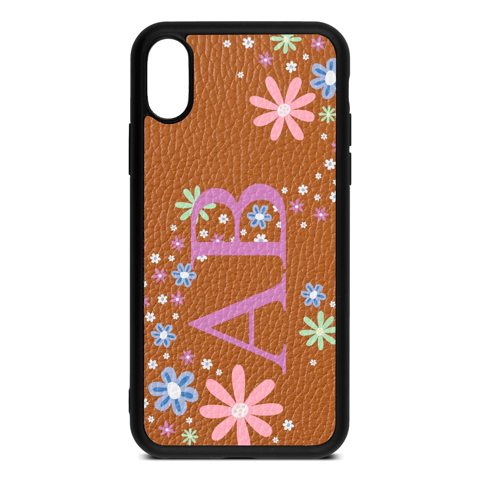 Personalised Floral Initials Tan Pebble Leather iPhone Xs Case