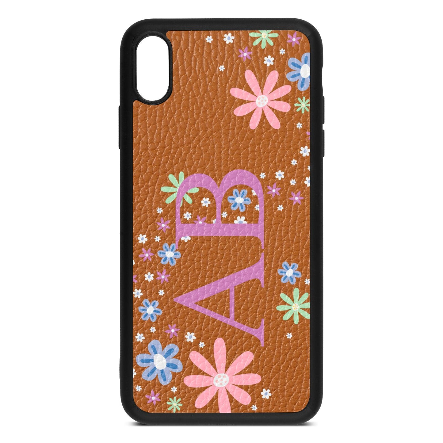 Personalised Floral Initials Tan Pebble Leather iPhone Xs Max Case