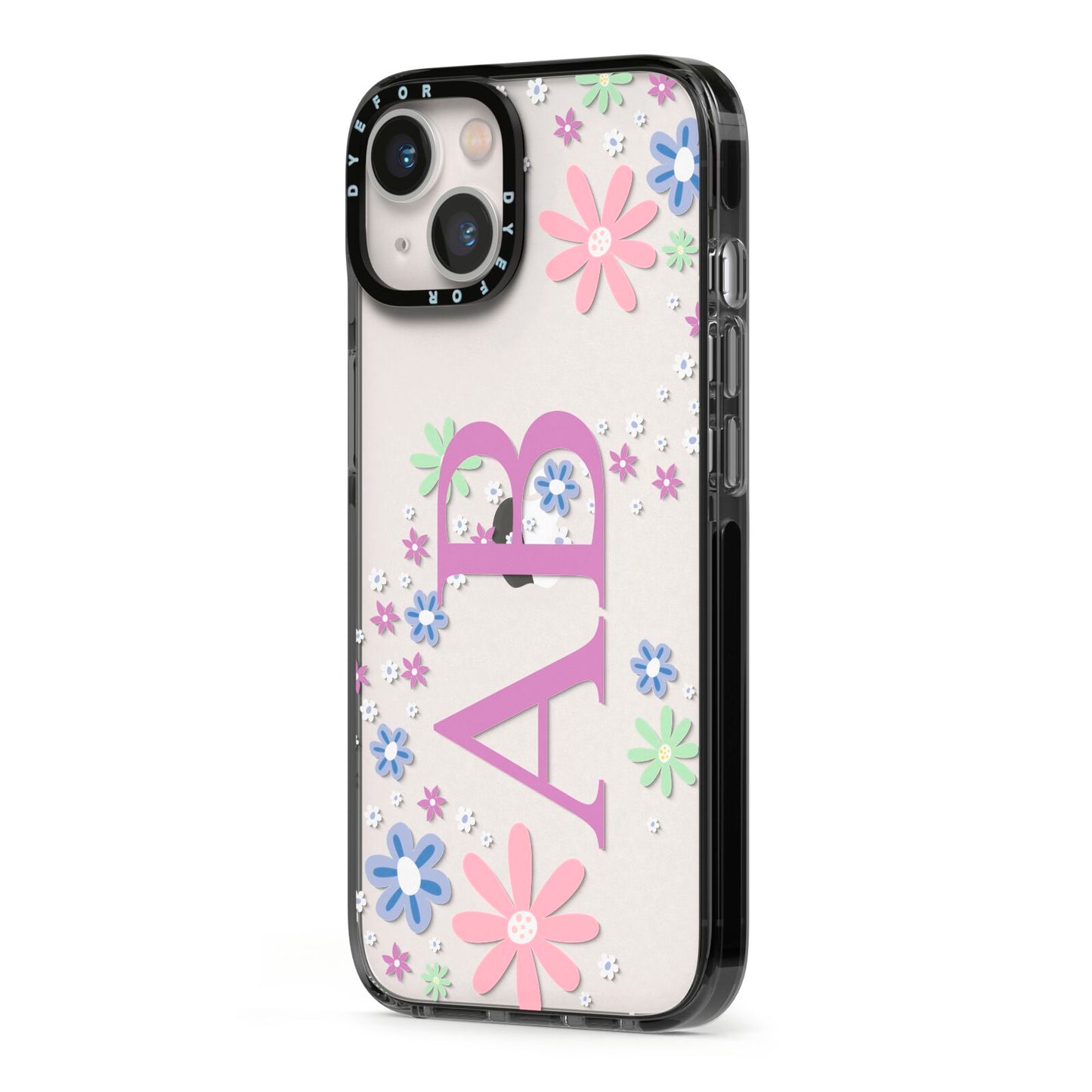 Personalised Floral Initials iPhone 13 Black Impact Case Side Angle on Silver phone