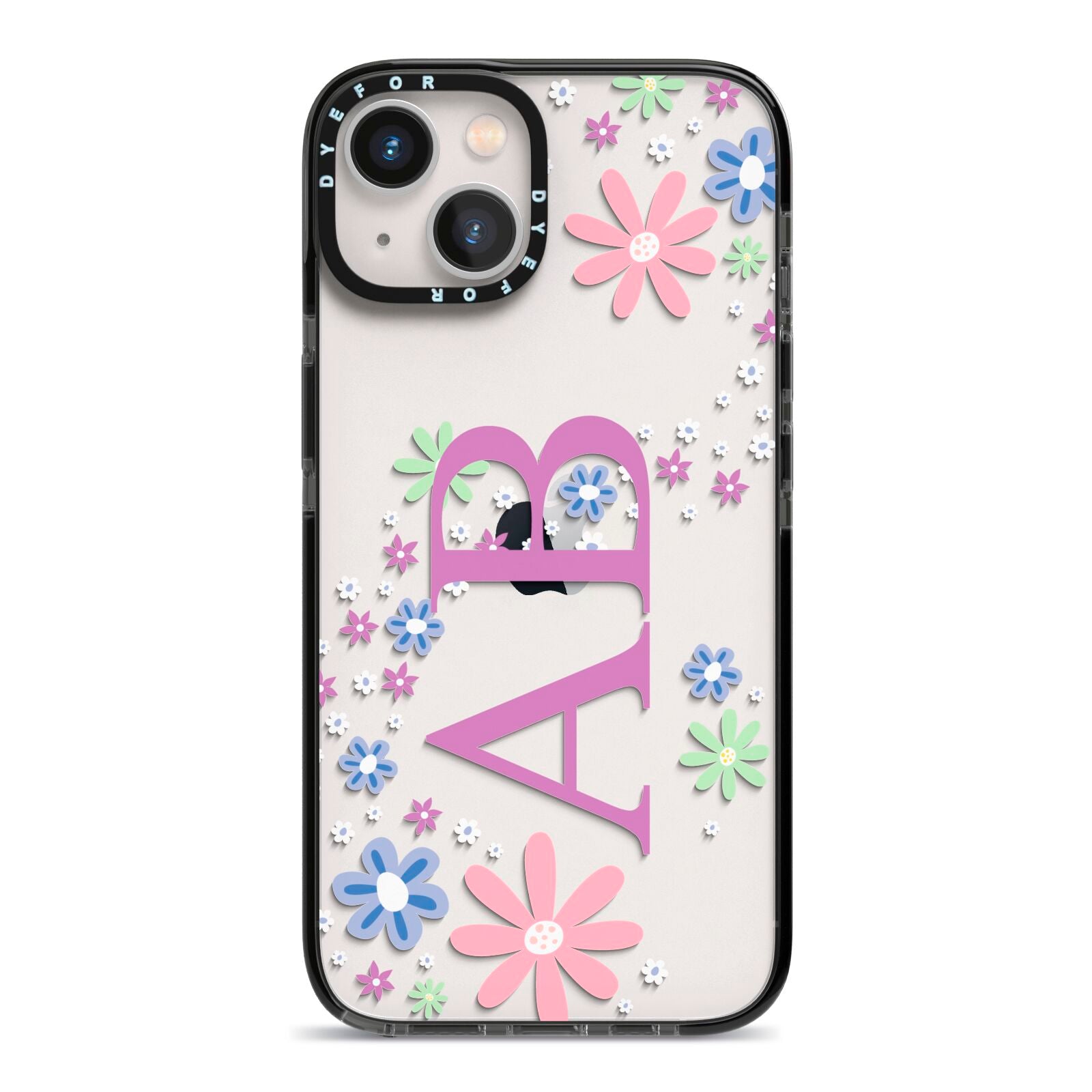 Personalised Floral Initials iPhone 13 Black Impact Case on Silver phone